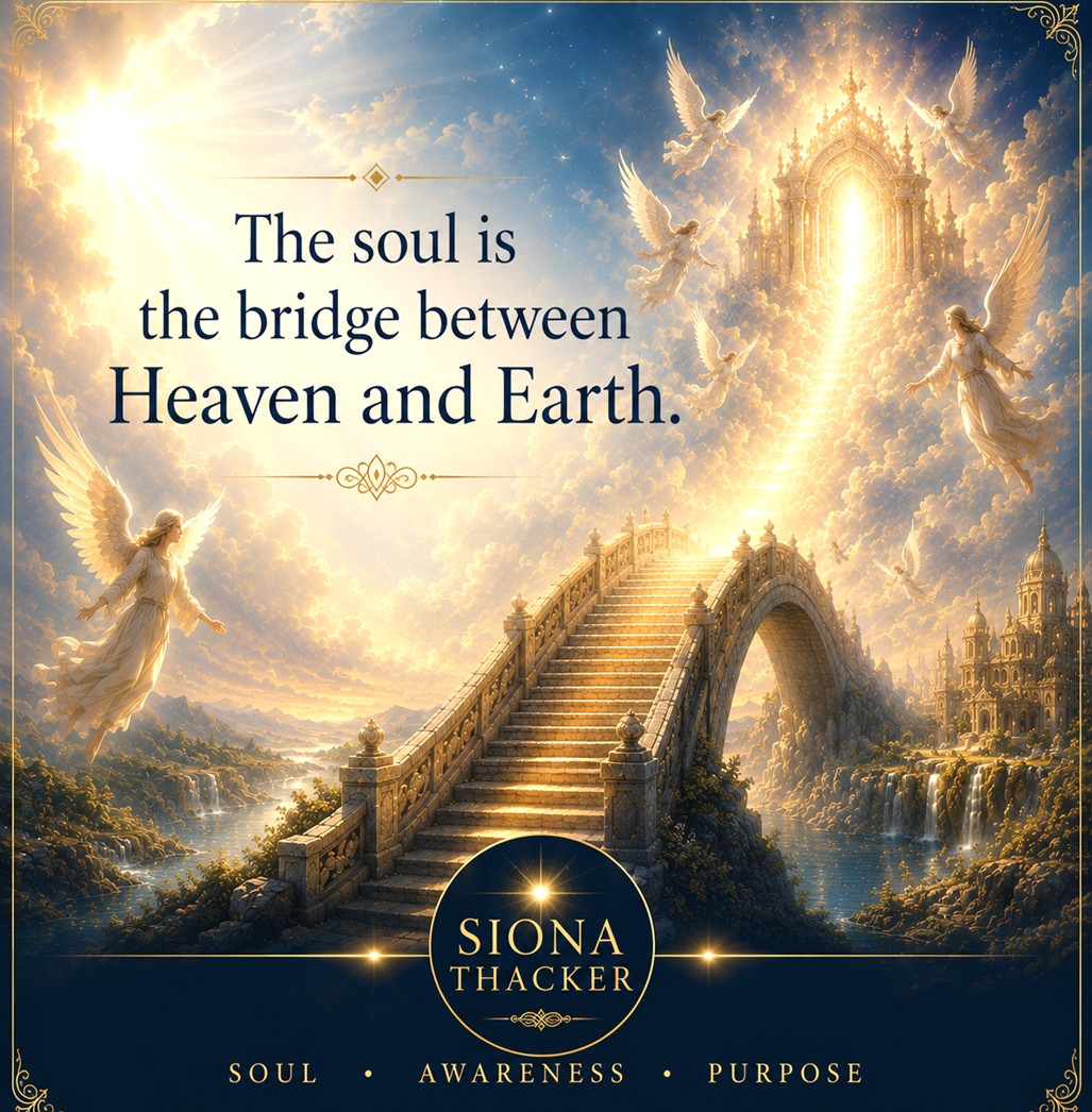 Inspirational Kabbalah quote about the soul as the bridge between Heaven and Earth, featuring a celestial bridge, angels, and a heavenly gateway.