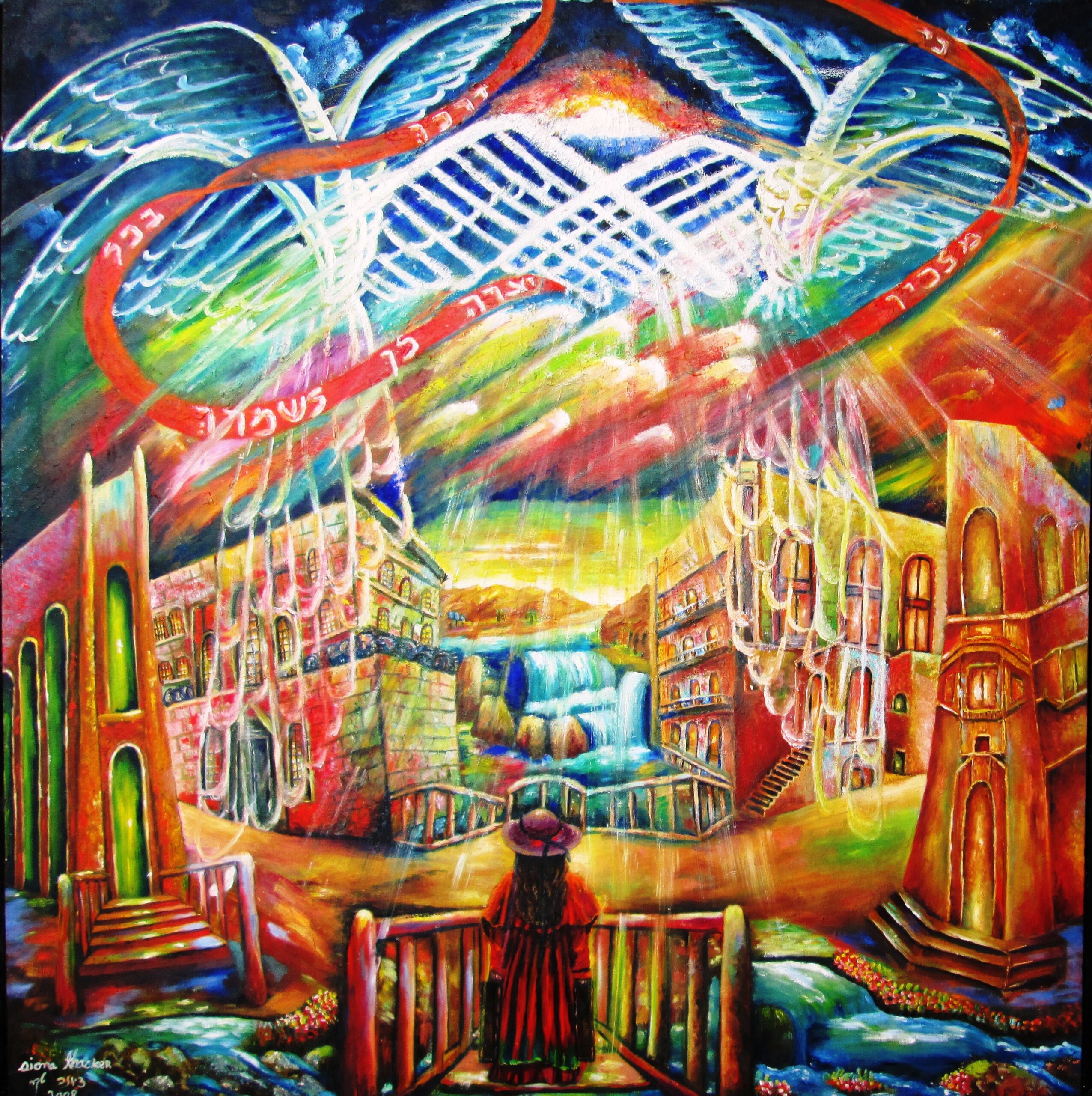 Original oil painting depicting a person standing at life's crossroads, surrounded by the four archangels according to Jewish tradition, symbolizing free will and spiritual guidance.