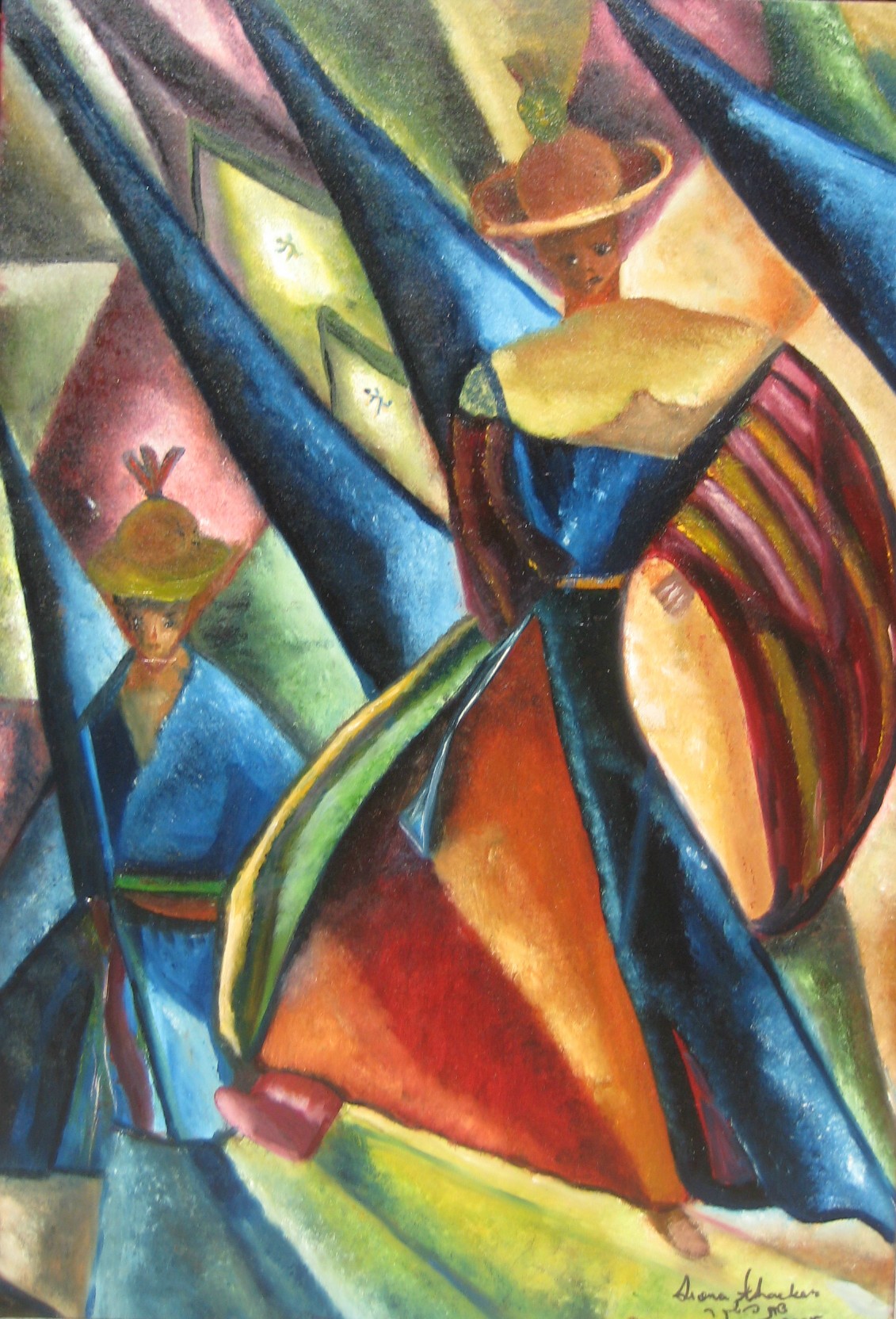 Original abstract oil painting of dancers in motion with vibrant geometric forms and flowing colors.
