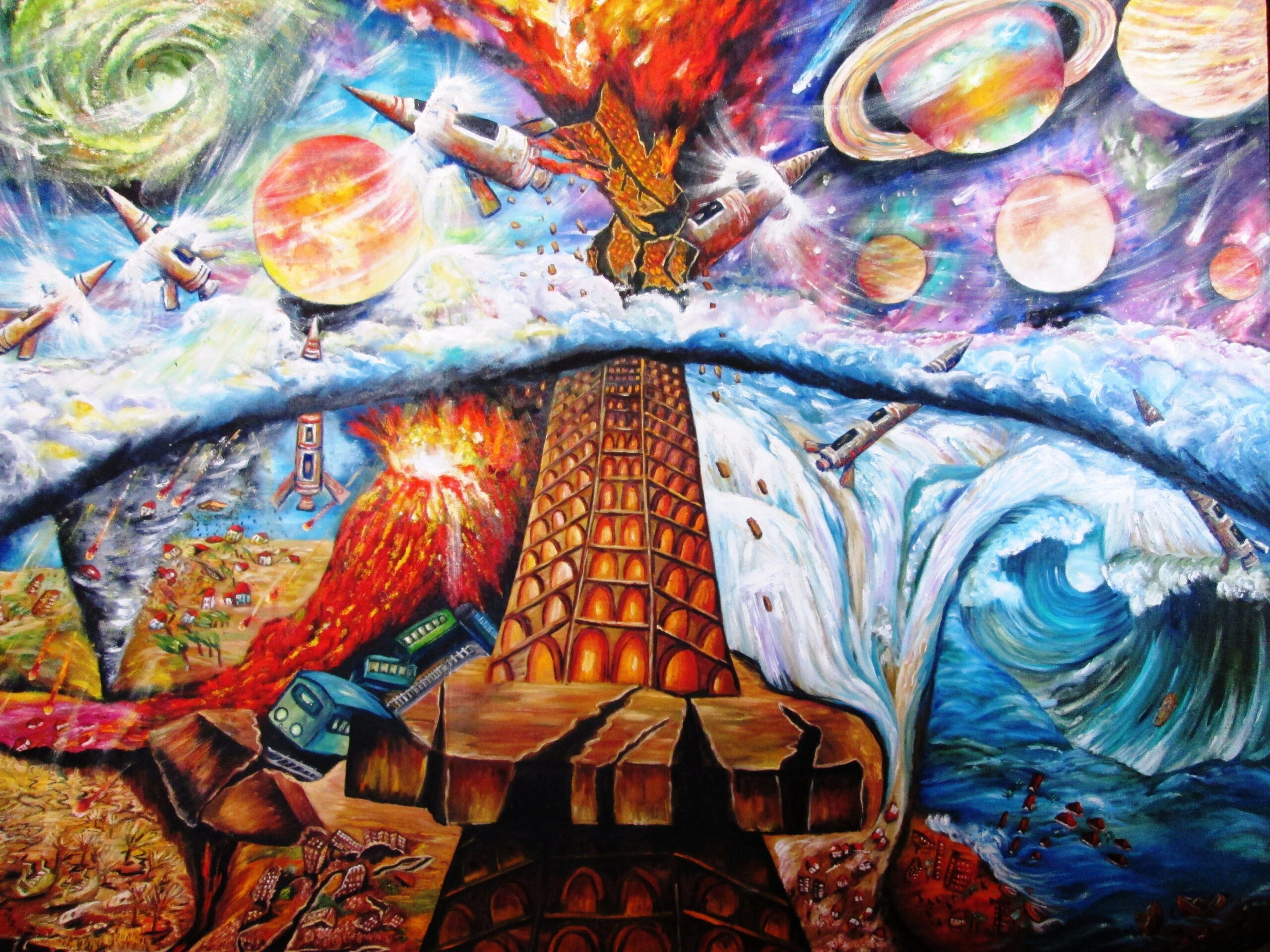 Original oil painting depicting global warming, climate change, natural disasters, rising oceans, earthquakes, volcanic eruptions, and environmental destruction.