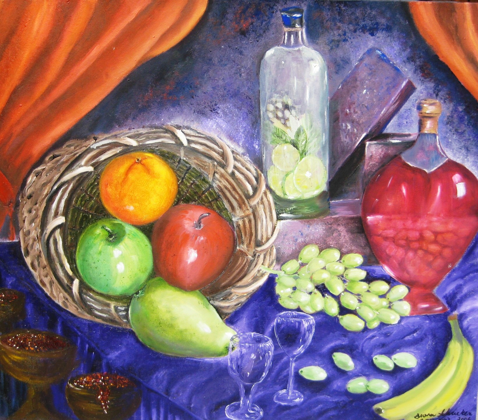 Original oil painting of a still life with fruit, grapes, bottles, and a woven basket