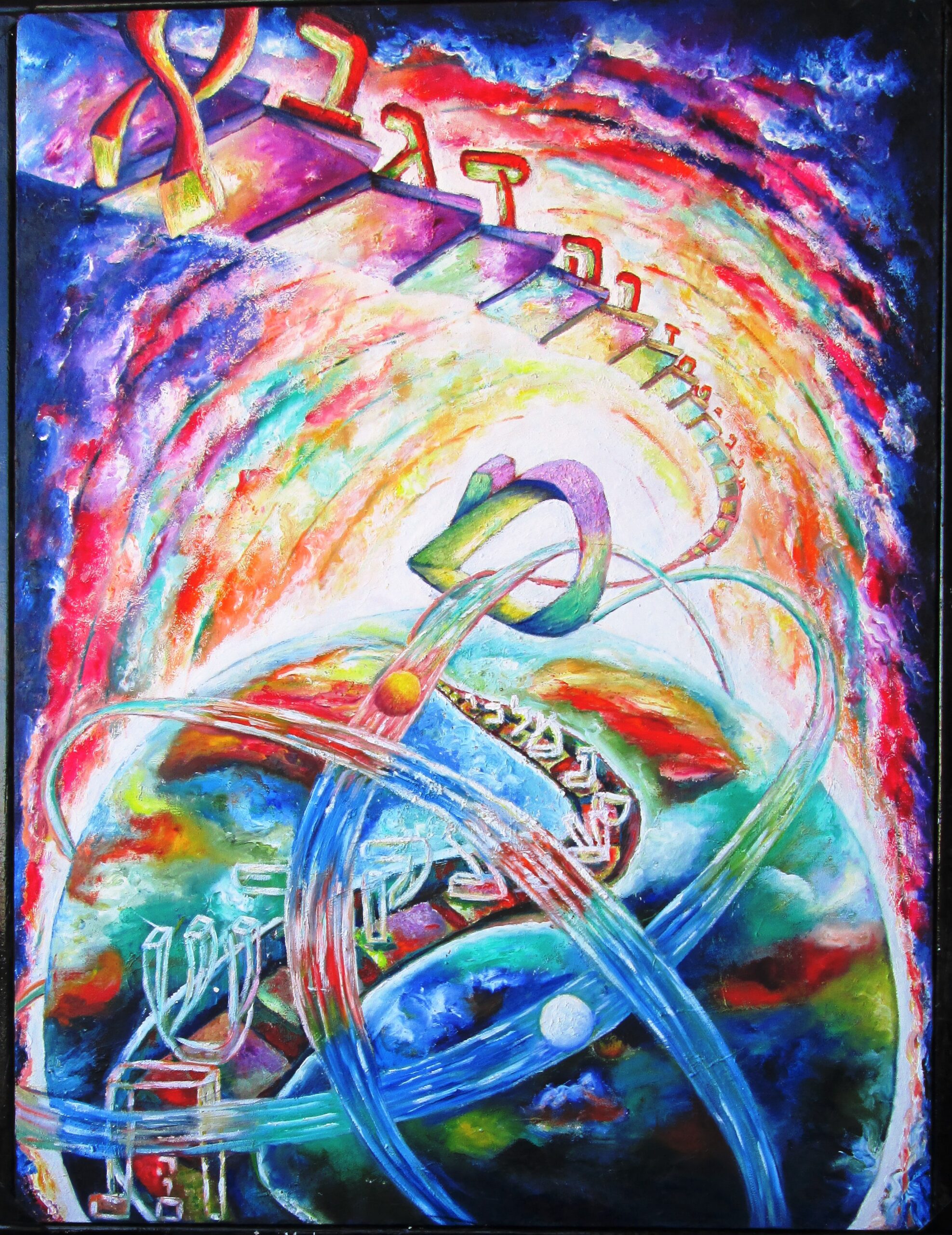 Original oil painting inspired by Kabbalah depicting the Hebrew alphabet as the spiritual DNA of creation, connecting the spiritual and physical worlds.