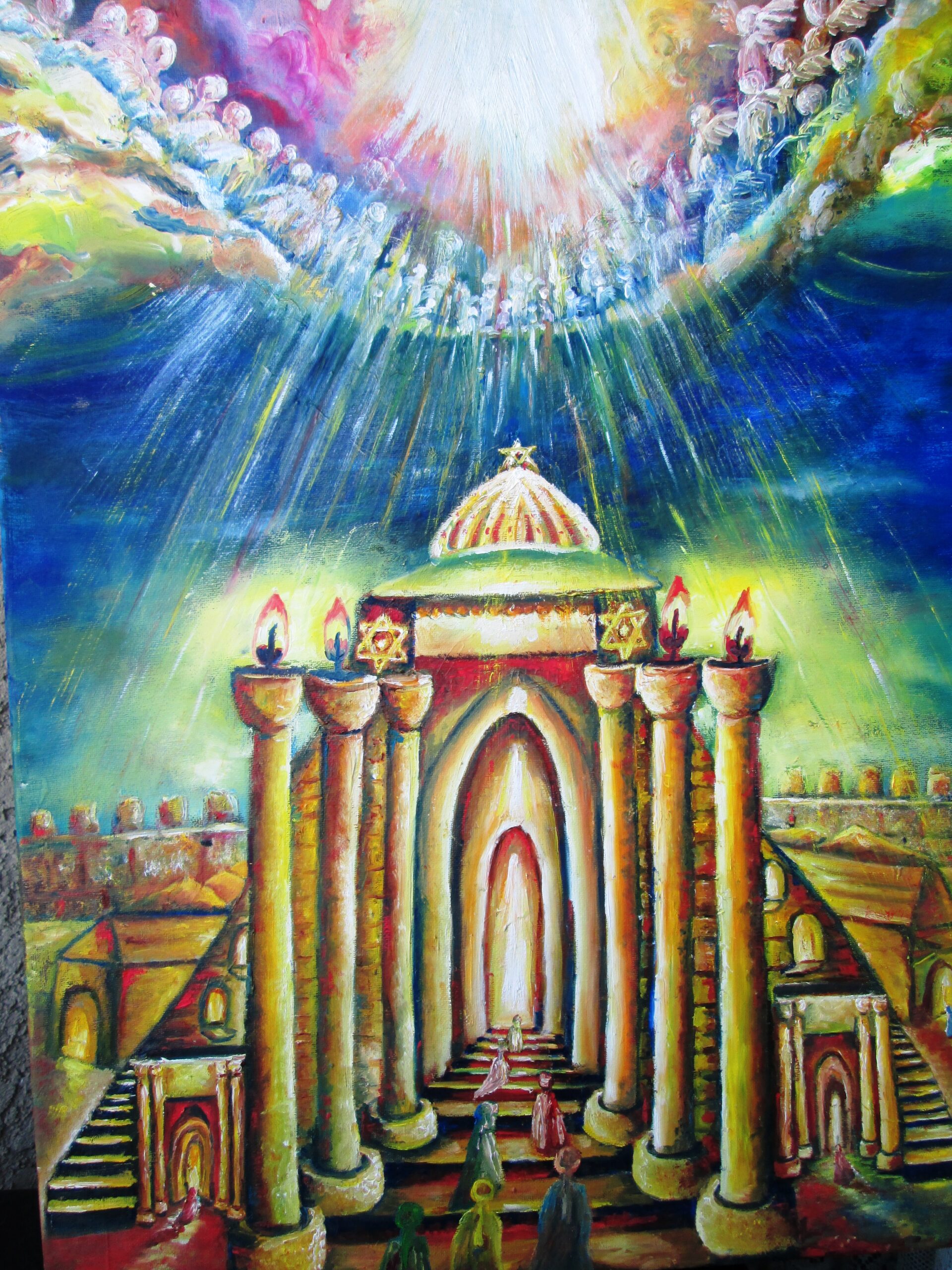 Original oil painting of the Holy Temple in Jerusalem illuminated by Divine Light, surrounded by angels watching from Heaven.