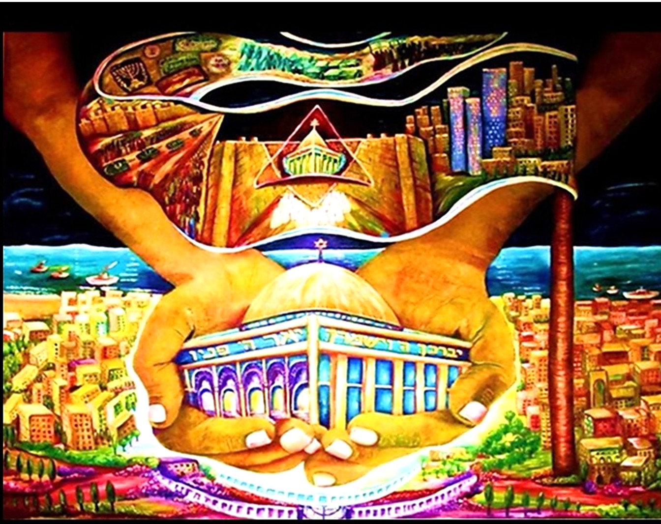 Original oil painting depicting hands holding the Holy Temple, the history of Israel, Jerusalem, and the spiritual hope for the future.
