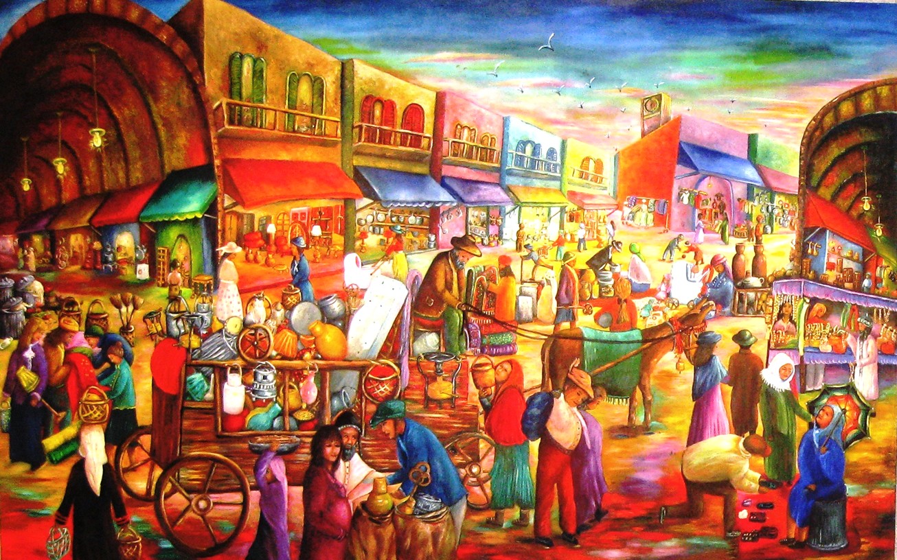 Original oil painting depicting the Jaffa Flea Market with antique stalls and visitors from diverse cultures.