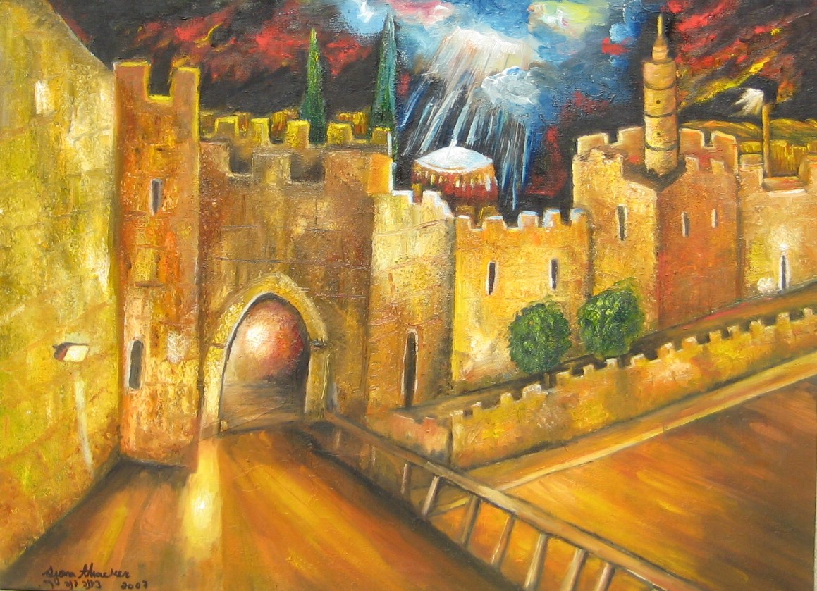 Original oil painting of Jerusalem at night, featuring the ancient city walls under a peaceful sky filled with light and serenity.