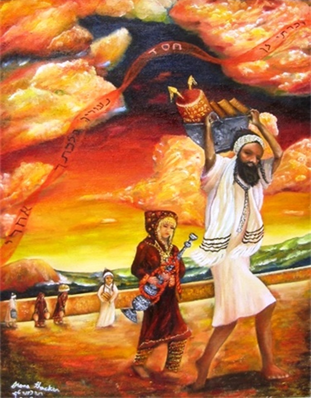Original oil painting depicting Yemenite Jewish families walking to Israel, carrying Torah scrolls while leaving their possessions behind as part of their historic journey.