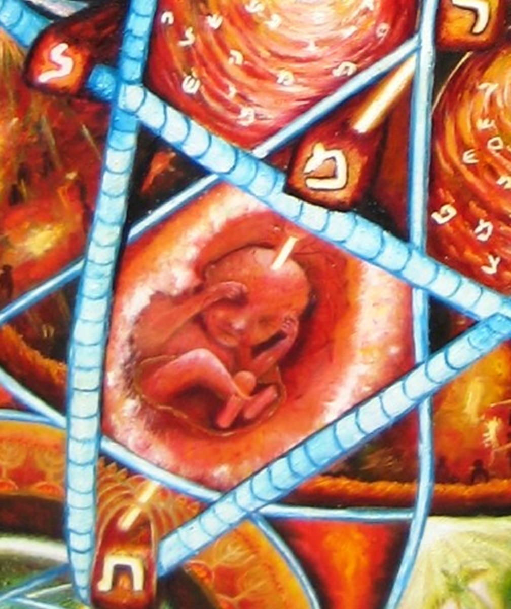 Embryo symbolizing the soul's beginning within a Kabbalistic painting about creation, Divine light, and the Tree of Life.