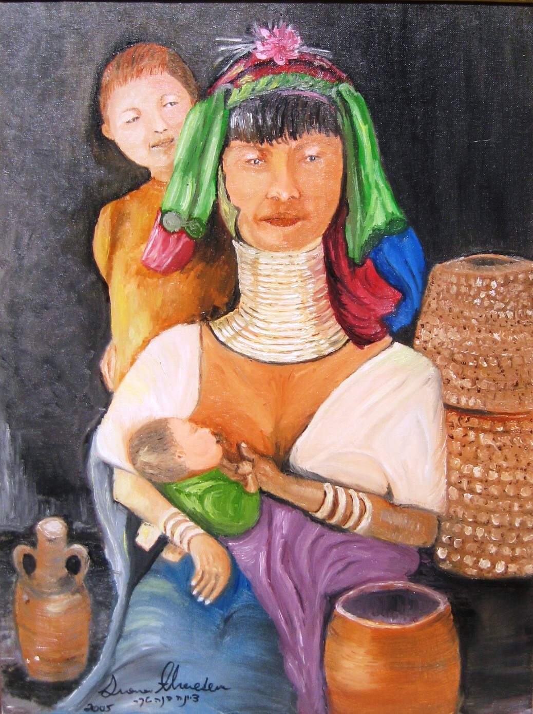 Original oil painting of a Karen mother breastfeeding her baby while wearing traditional clothing and neck rings.