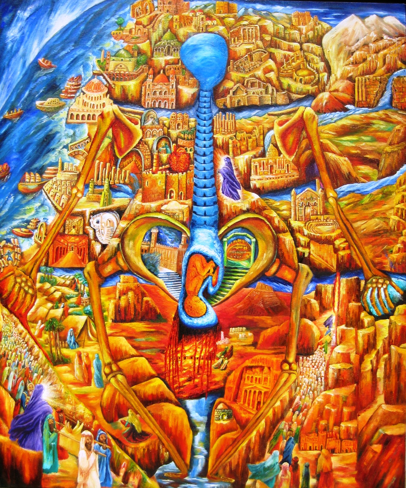 Original oil painting depicting the Land of Israel as a symbolic human body inspired by Kabbalah, Jerusalem, the Temple Mount, and the spiritual flow of Divine creation.