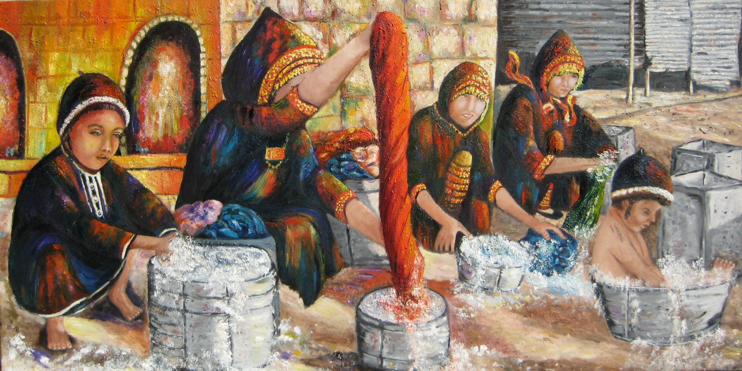 Original oil painting depicting Yemenite Jewish women and children washing clothes by hand outside their tents in an Israeli transit camp during the 1950s.