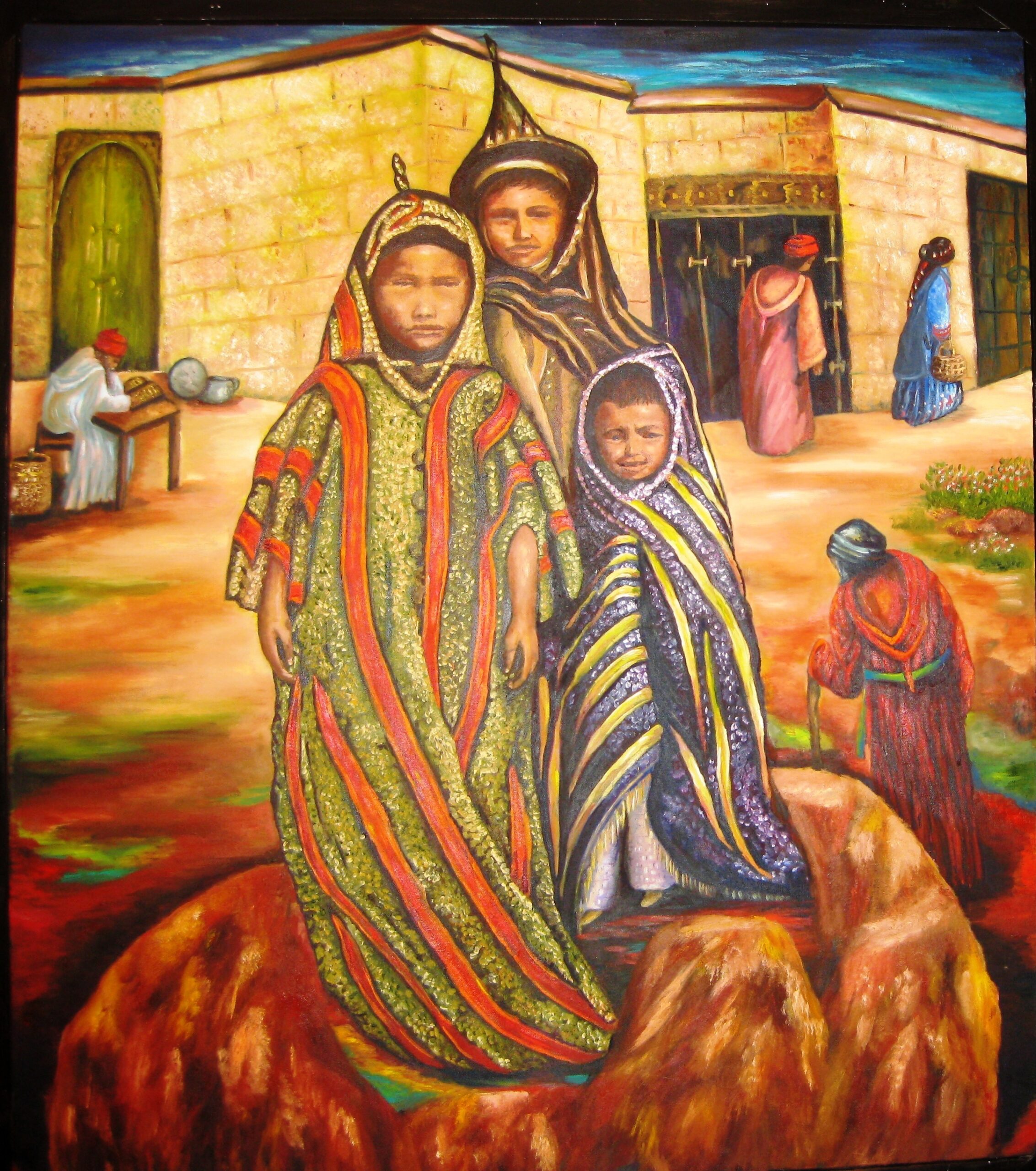 Original oil painting depicting Moroccan Jewish children and families in traditional clothing waiting for immigration to Israel in a Moroccan village during the 1950s.