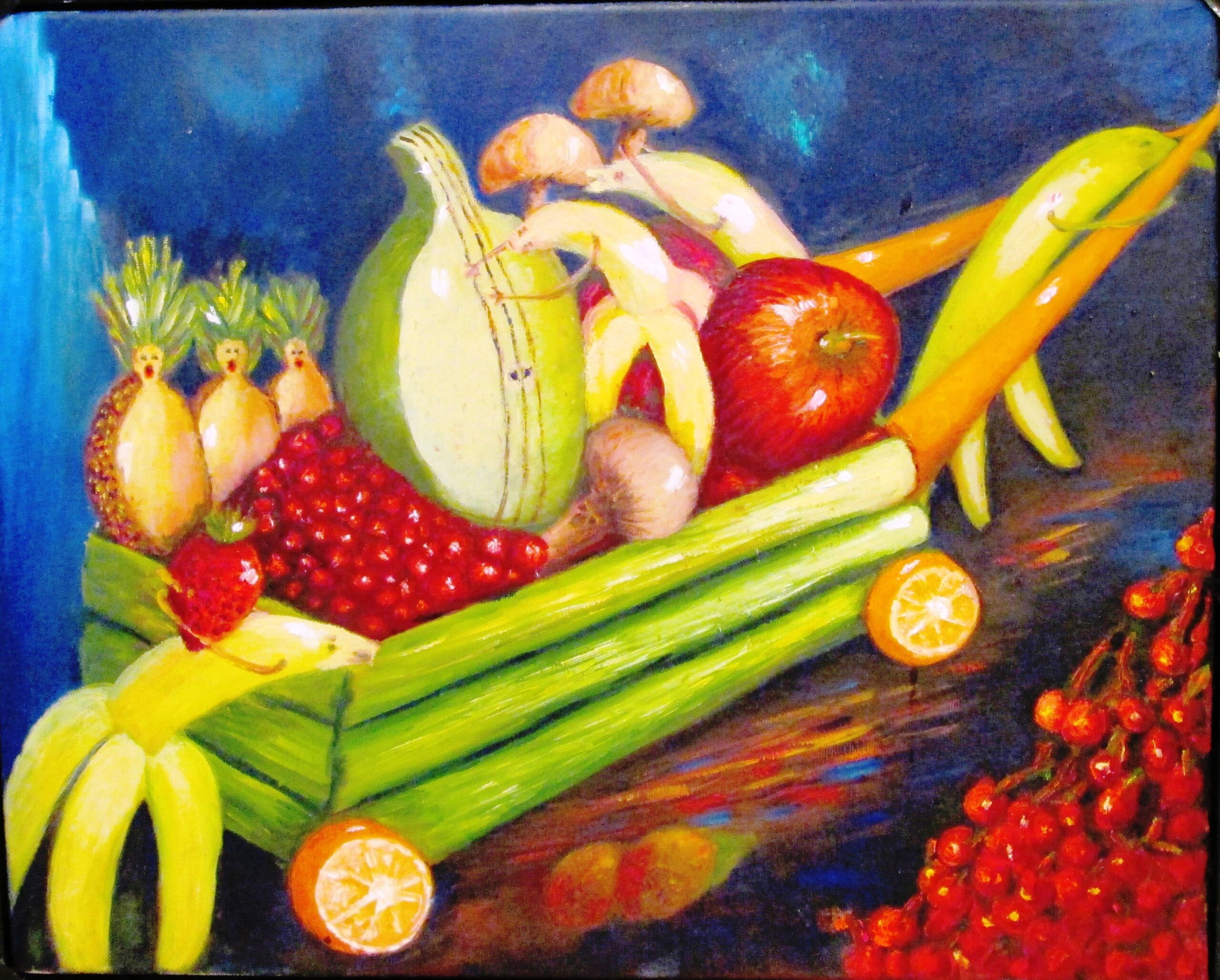 Original whimsical oil painting of fruits transformed into a musical cart filled with colorful produce.