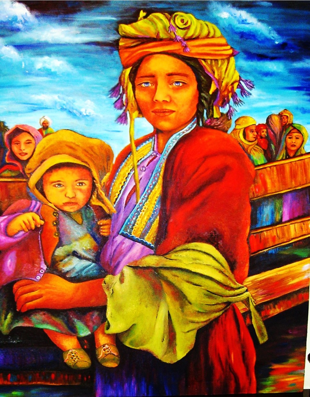 Original oil painting depicting a newly arrived immigrant mother holding her child while waiting in a transit camp in Israel during the early years of the state's history.