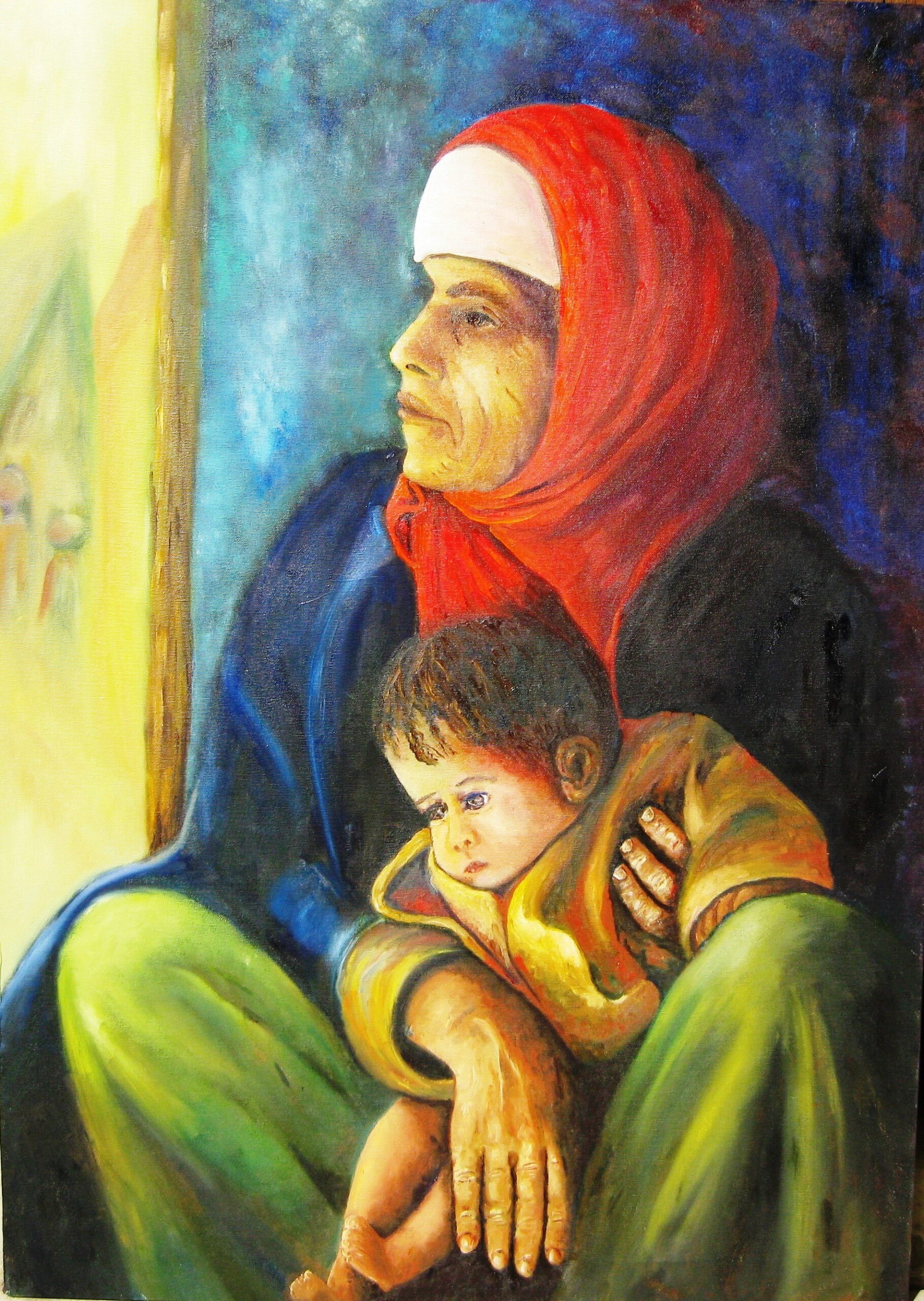 Original oil painting depicting a Persian Jewish immigrant mother holding her child while sitting at the entrance of a transit camp tent in Israel during the 1950s.