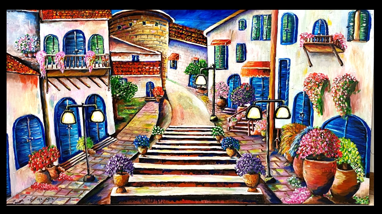 Original oil painting of a peaceful Mediterranean village street with colorful flowers, stone houses, and sunlit pathways.