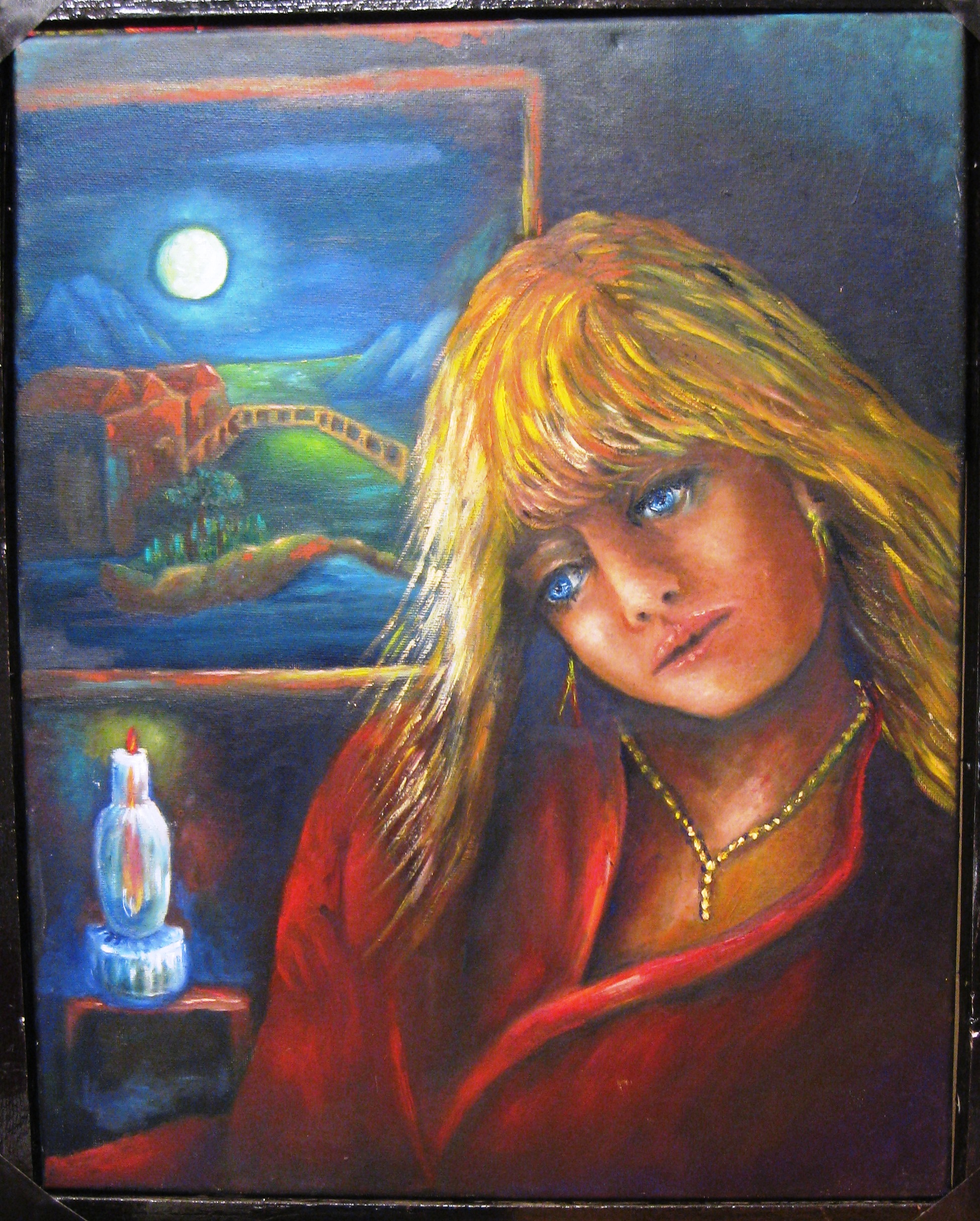 Original oil painting of a woman deep in thought beside a window under the moonlight.