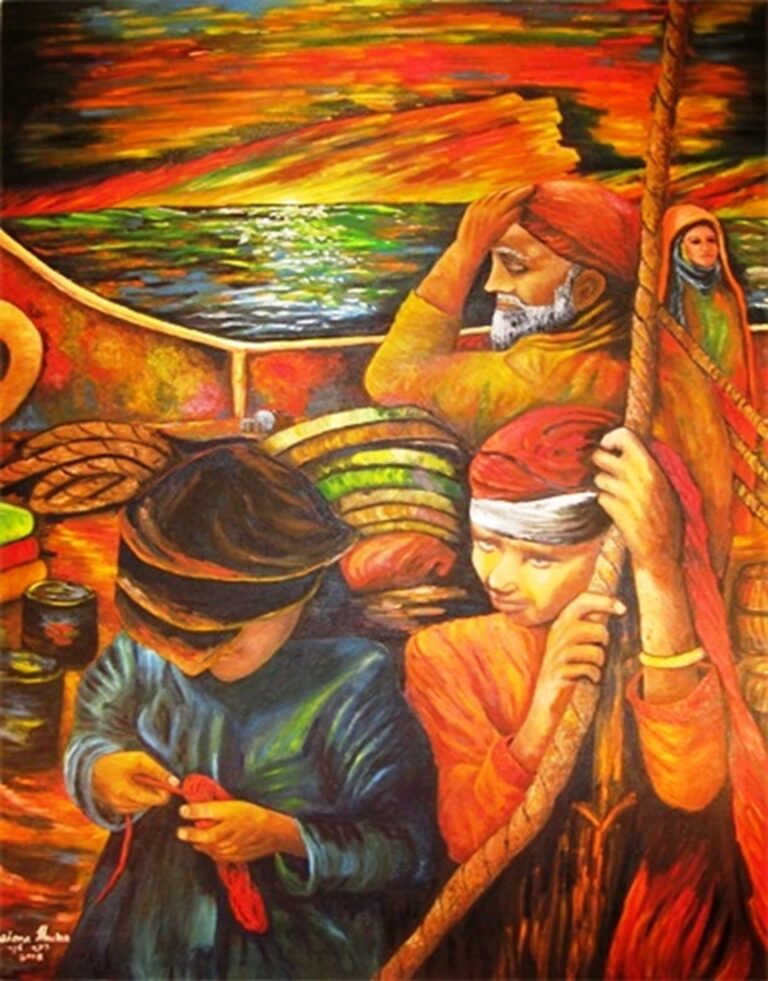 Original oil painting depicting a Kurdish Jewish family sailing to Israel during the 1950s, symbolizing hope, migration, and a new beginning.