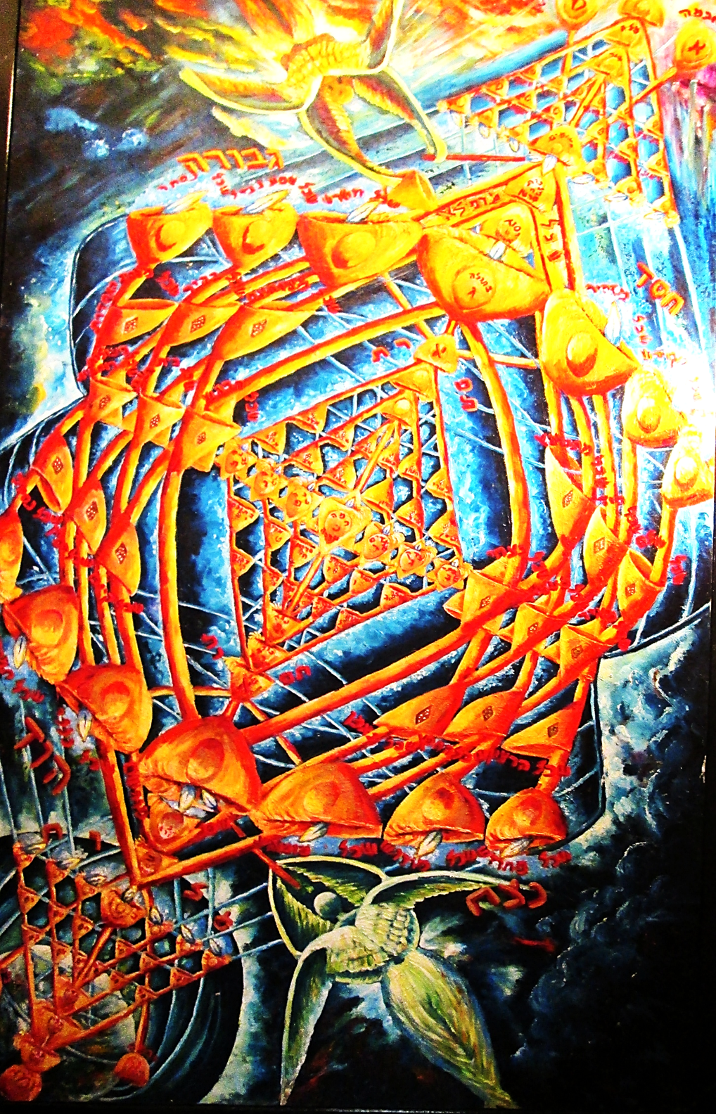 Original Kabbalistic oil painting depicting interconnected spiritual and earthly menorahs, the seven lower Sefirot, Jerusalem, Hebrew letters, and the Thirty-Two Paths of Wisdom.