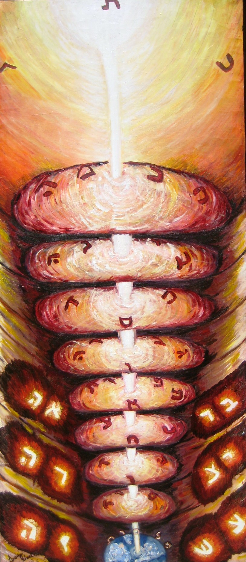 Abstract oil painting of the Ten Sefirot in Kabbalah, illustrating the flow of Divine Light through the spiritual worlds into creation.