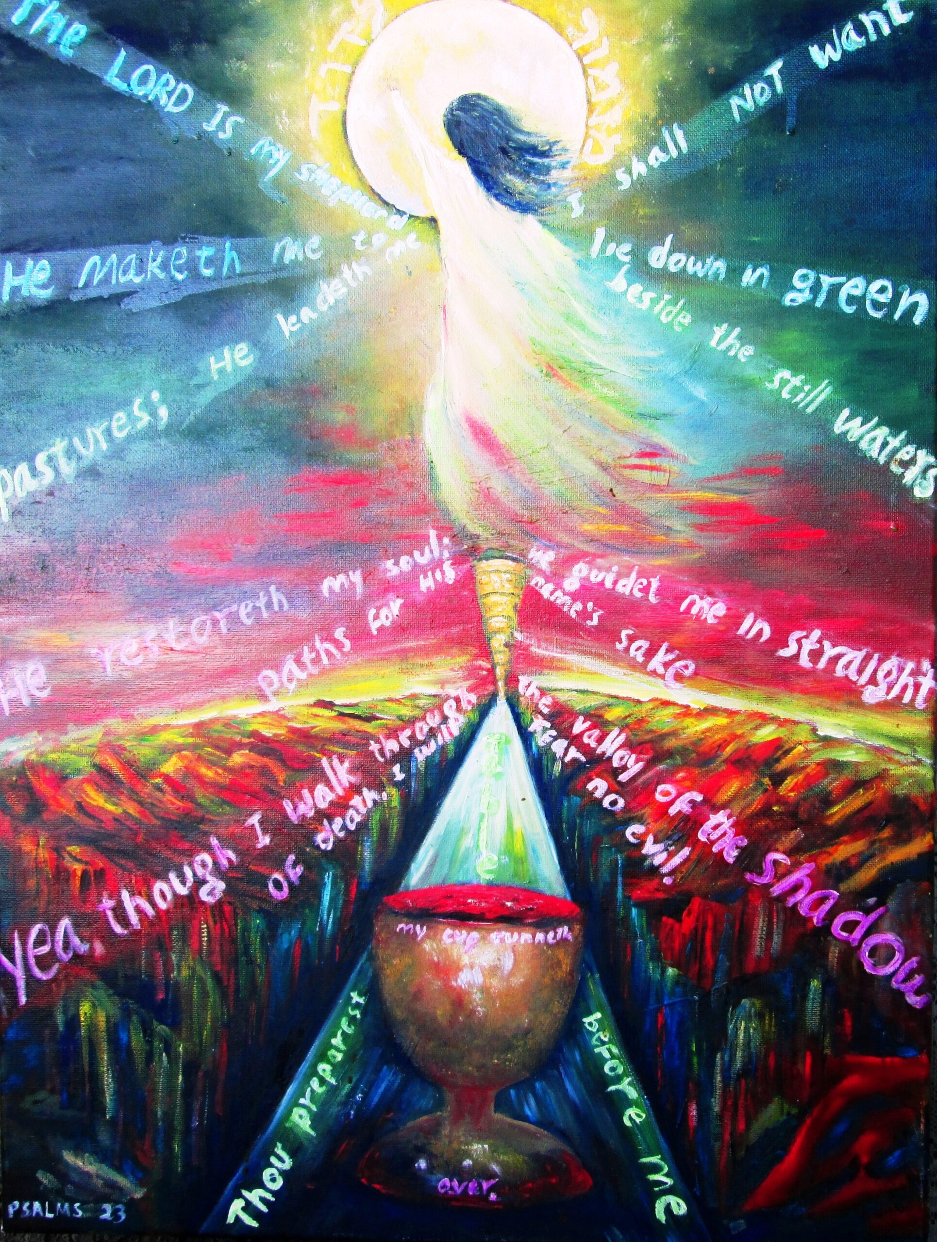Original oil painting inspired by Psalm 23, depicting the journey of faith, Divine guidance, abundance, and God's protection through life's darkest valleys.