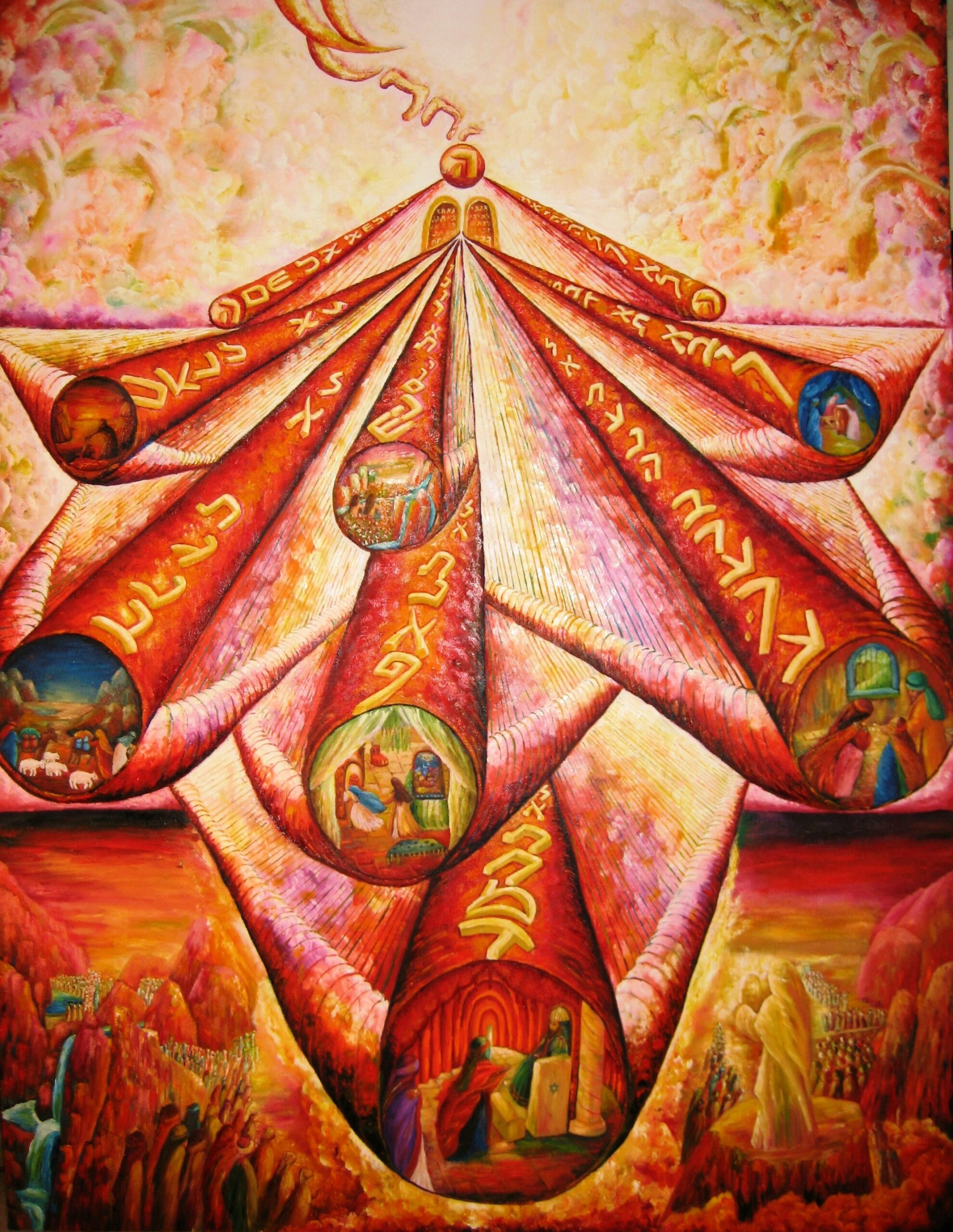 Original oil painting inspired by Kabbalah depicting the Ten Commandments as spiritual channels connected to the Ten Sefirot, Mount Sinai, and Divine revelation.