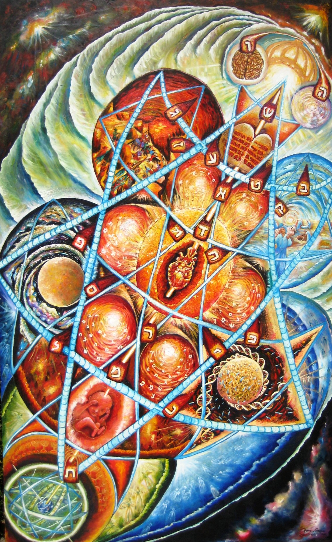 Original oil painting of the Ten Sefirot, the Tree of Life, Hebrew letters, and the Thirty-Two Paths of Wisdom in Kabbalah.