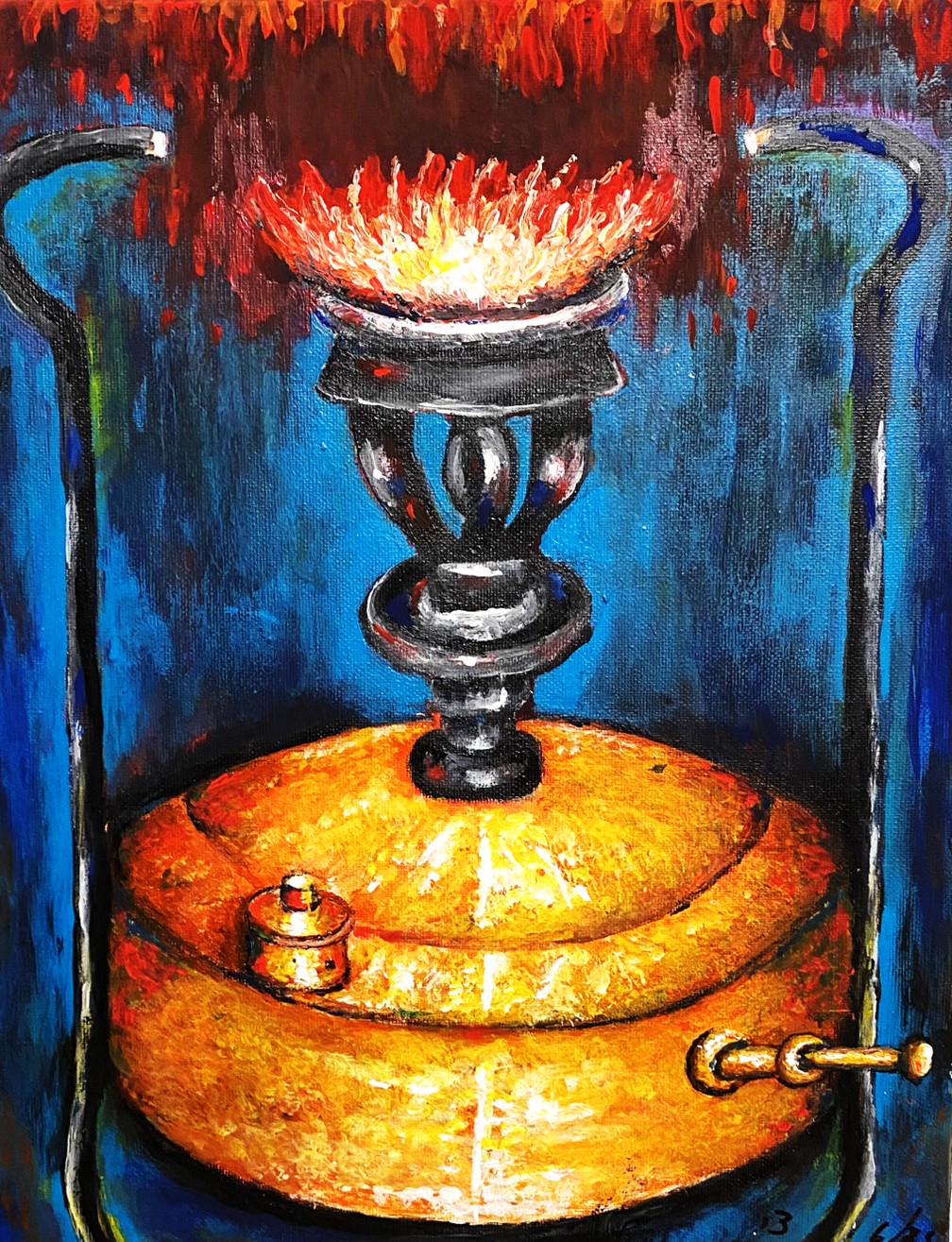 Original oil painting of a traditional Primus kerosene stove, widely used by immigrant families in Israel during the 1950s for cooking and heating water.