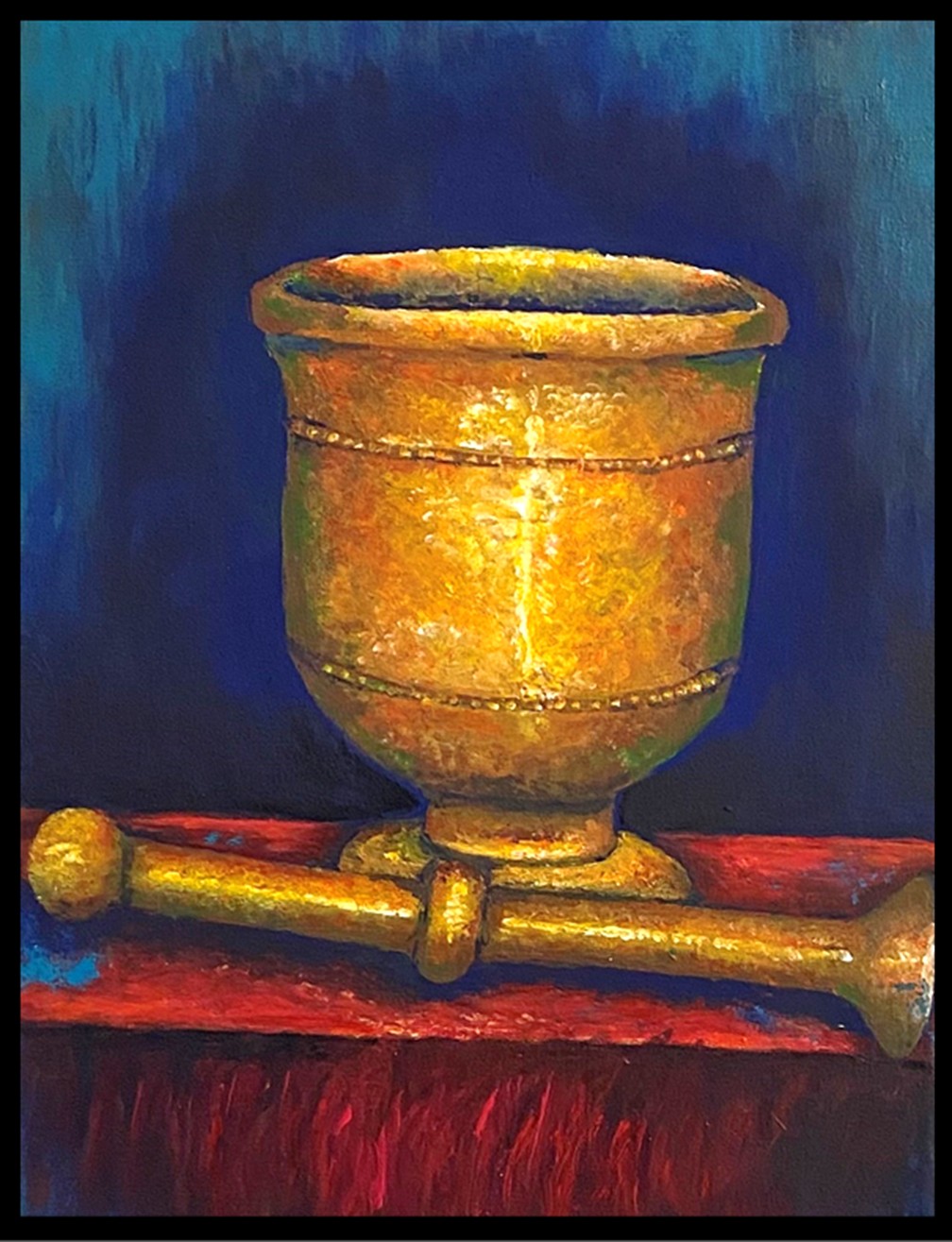 Original oil painting of the traditional Yemenite Hawan (mortar and pestle), used for grinding spices, herbs, and legumes in the Yemenite kitchen.