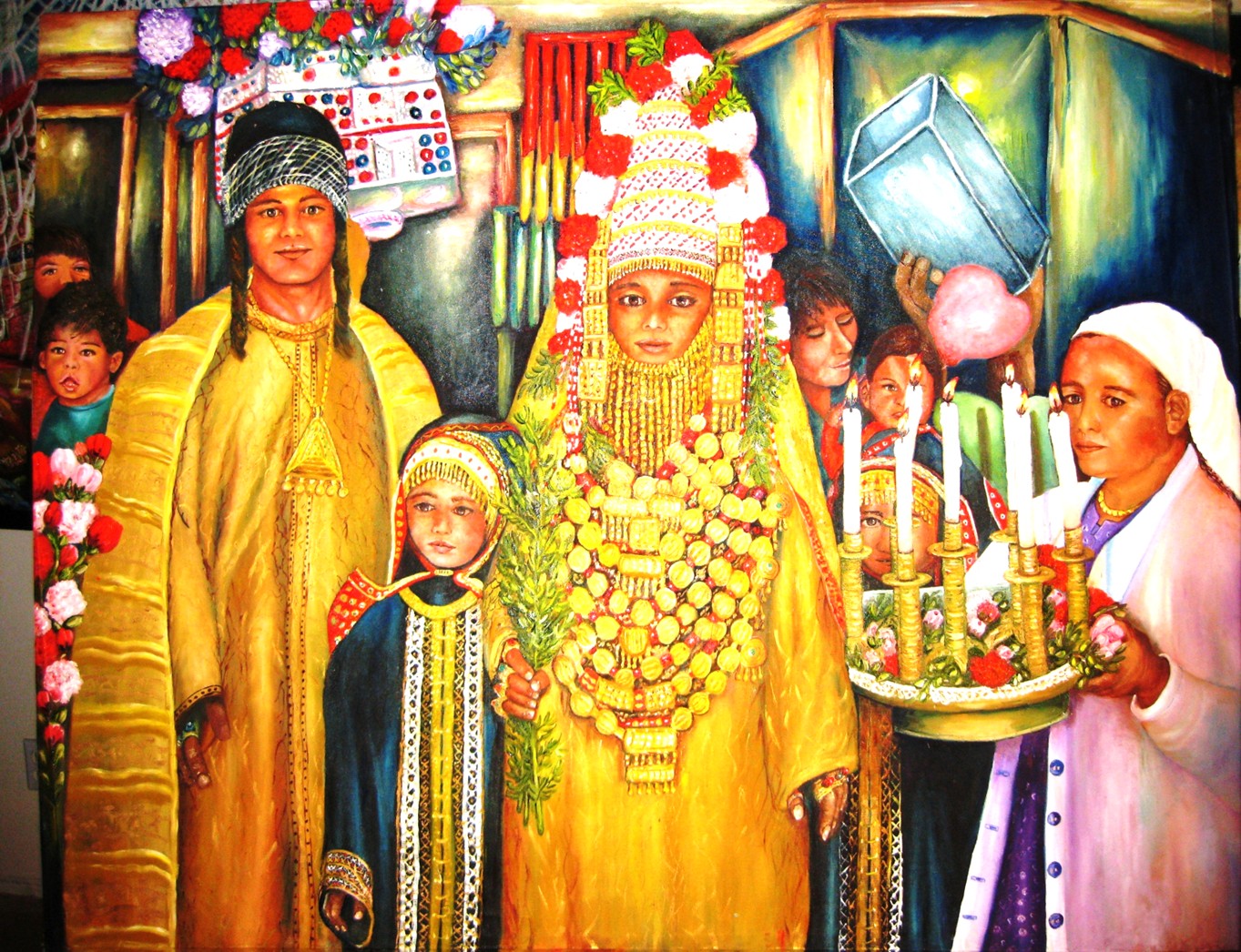 Original oil painting depicting a traditional Yemenite Jewish henna ceremony with the bride wearing ceremonial dress, gold jewelry, and family members celebrating before the wedding.
