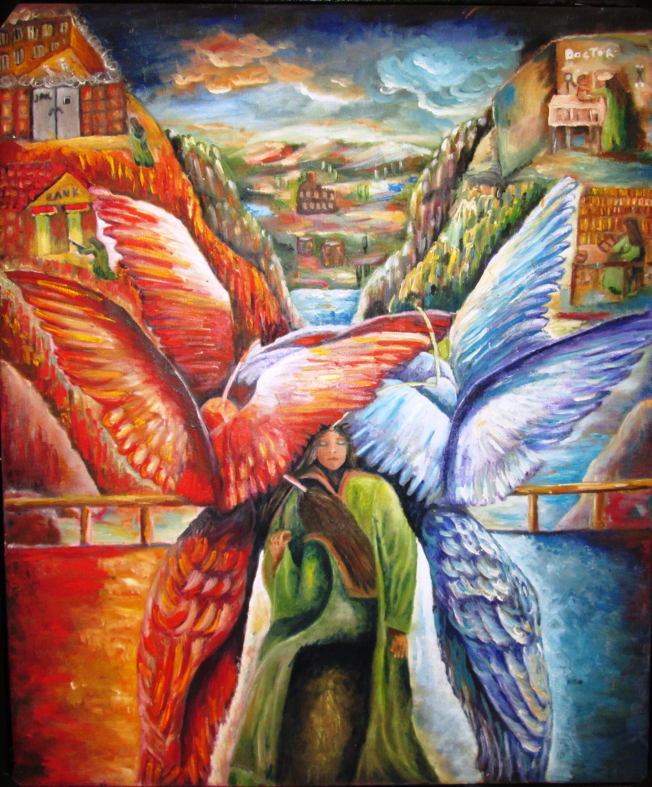 Original oil painting of two symbolic guardian angels representing good and evil, accompanying a person according to Kabbalistic tradition.