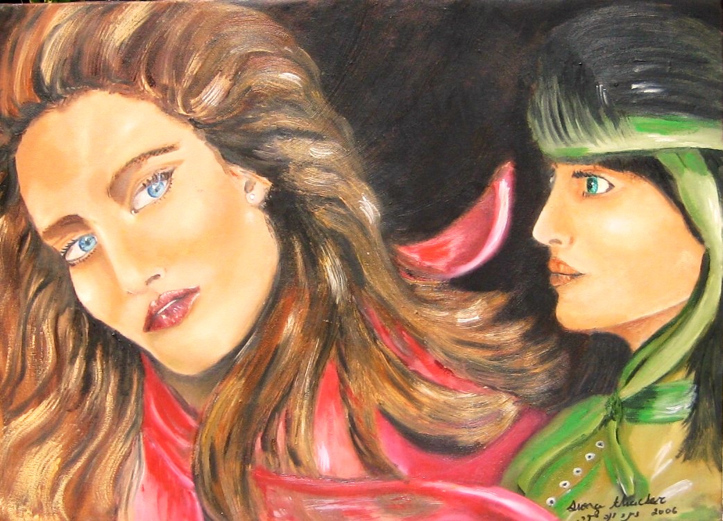 Original oil painting of two women representing different perspectives, thoughts, and inner reflection.
