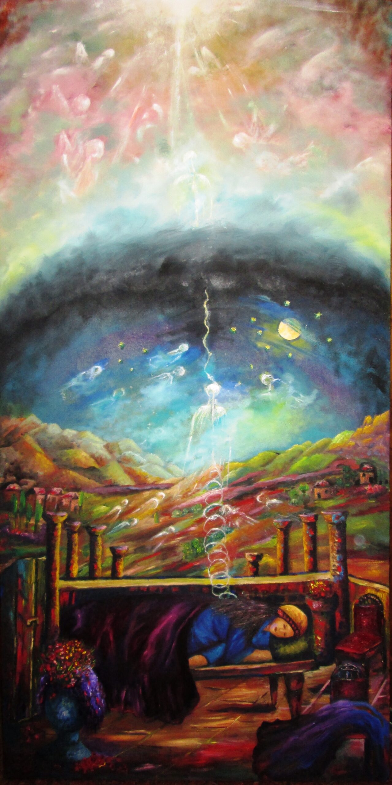 Original oil painting depicting the soul ascending during sleep according to Kabbalah, surrounded by angels, Divine light, and the spiritual connection between Heaven and Earth.