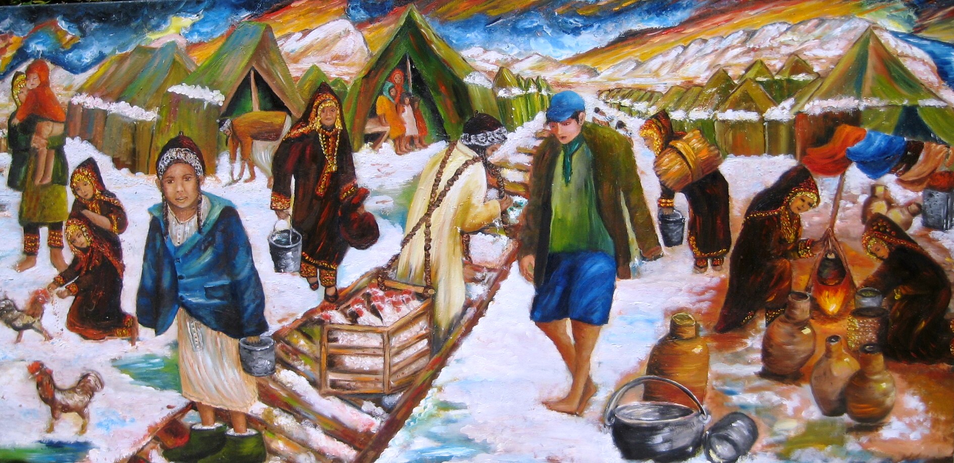 Original oil painting depicting Yemenite Jewish families living in snow-covered transit camps during the early years of immigration to Israel in the 1950s.