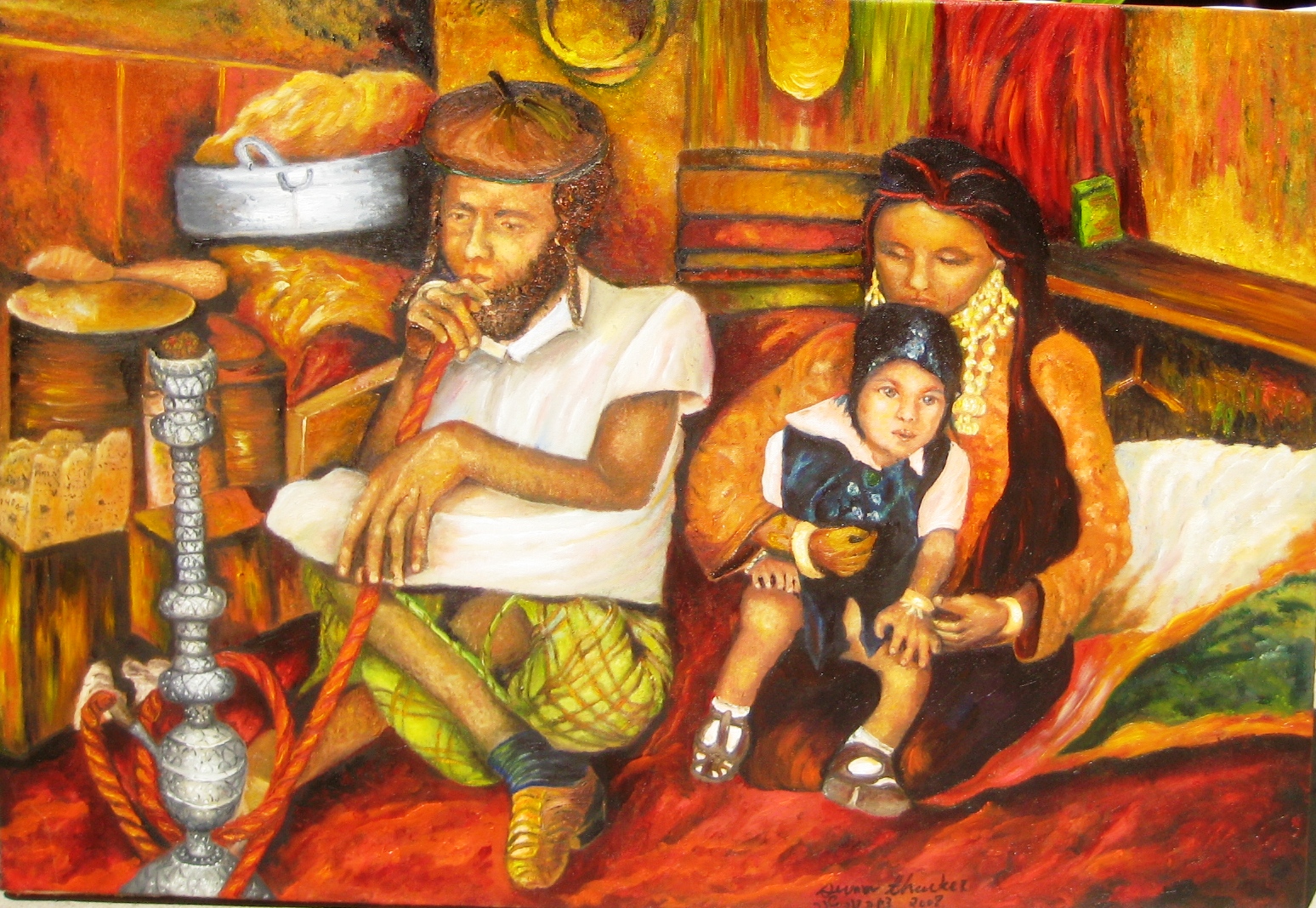 Original oil painting depicting a Yemenite Jewish family relaxing together at home, with the father smoking a traditional water pipe (mad'ah) after the day's work.