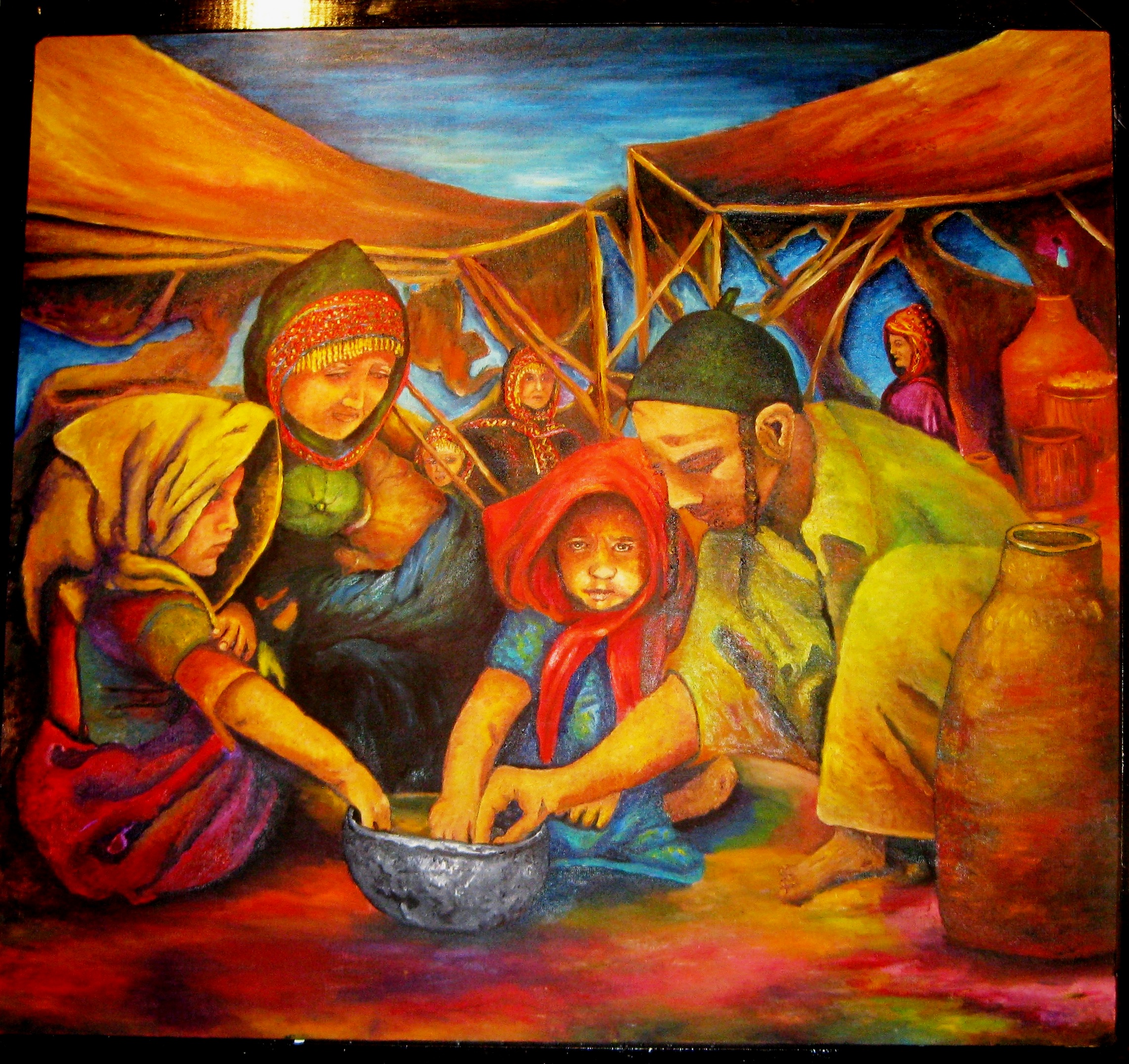 Original oil painting depicting a Yemenite Jewish family sharing a traditional meal outside their transit camp tent in Israel during the 1950s.