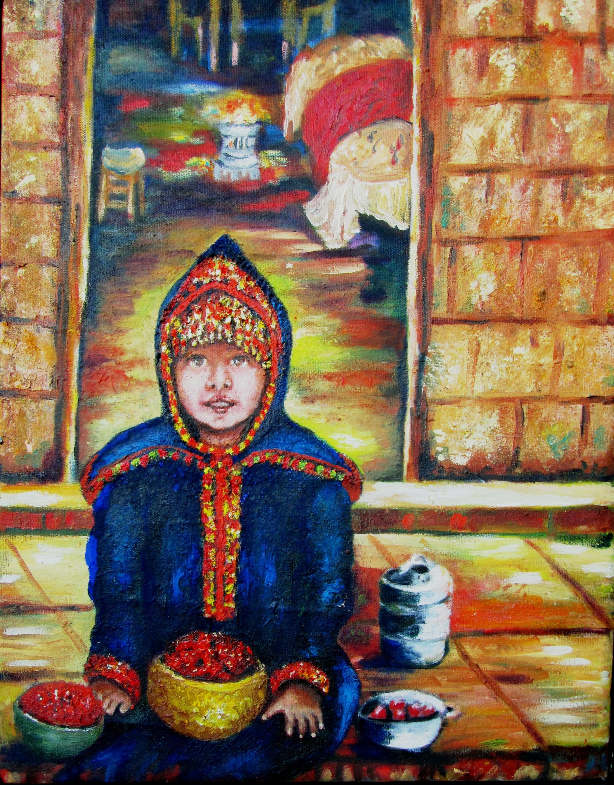 Original oil painting depicting a Yemenite Jewish girl in traditional dress preparing food outside her family's transit camp home in Israel during the 1950s.