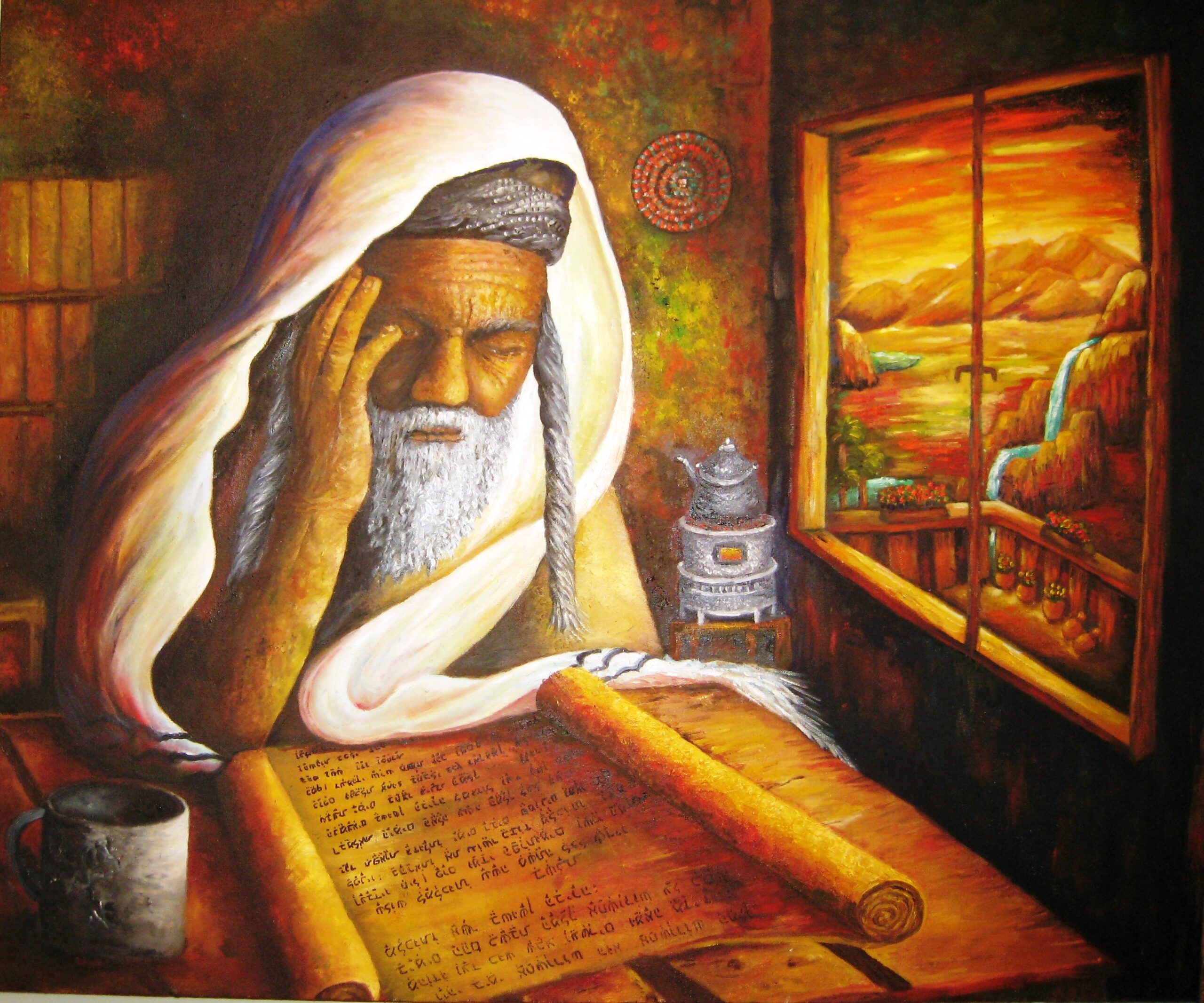 Original oil painting portraying a Yemenite Jewish scholar studying a handwritten Torah manuscript while wrapped in a traditional prayer shawl (tallit).