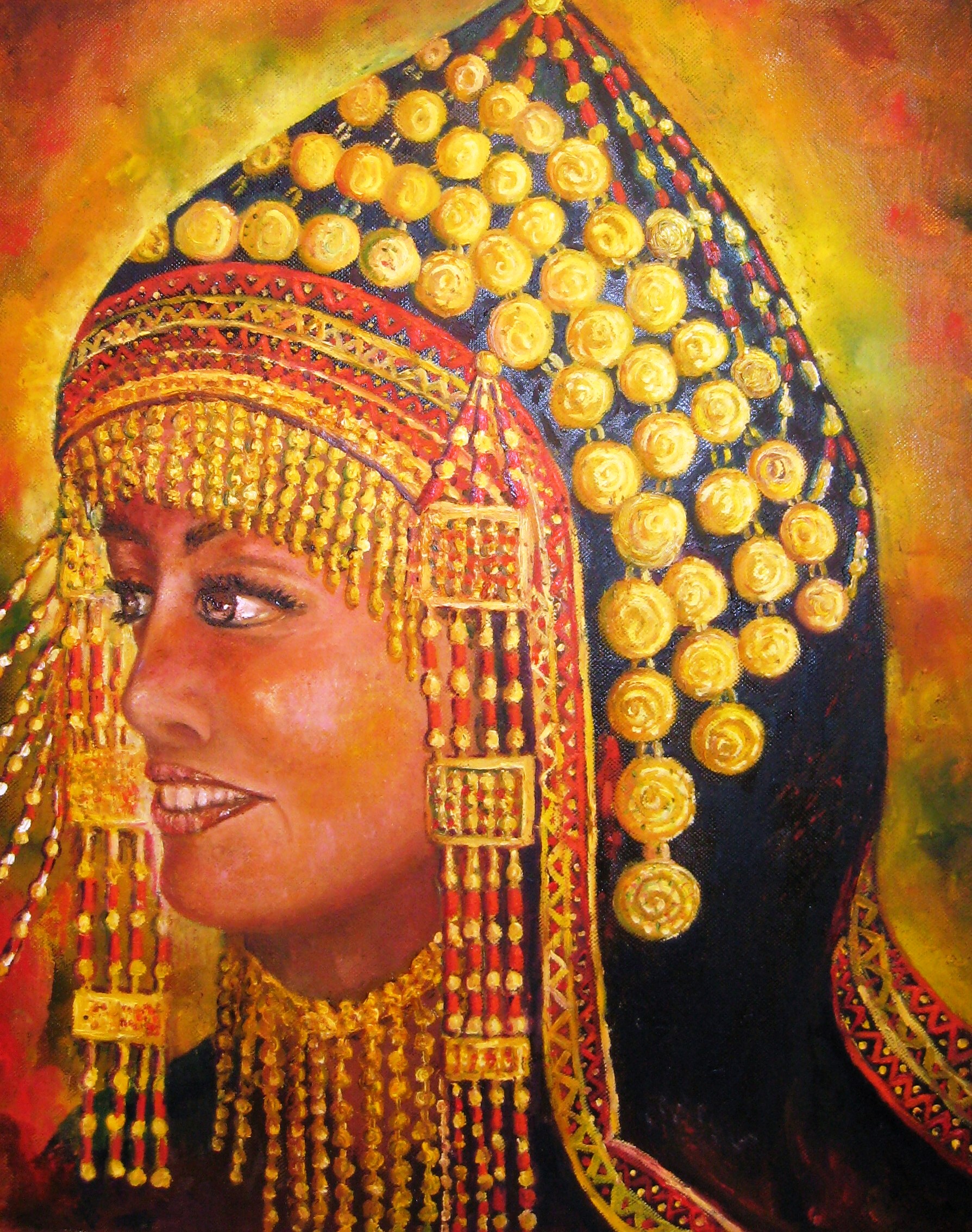 Original oil painting portraying a Yemenite Jewish woman wearing a traditional ceremonial headdress and authentic gold jewelry.