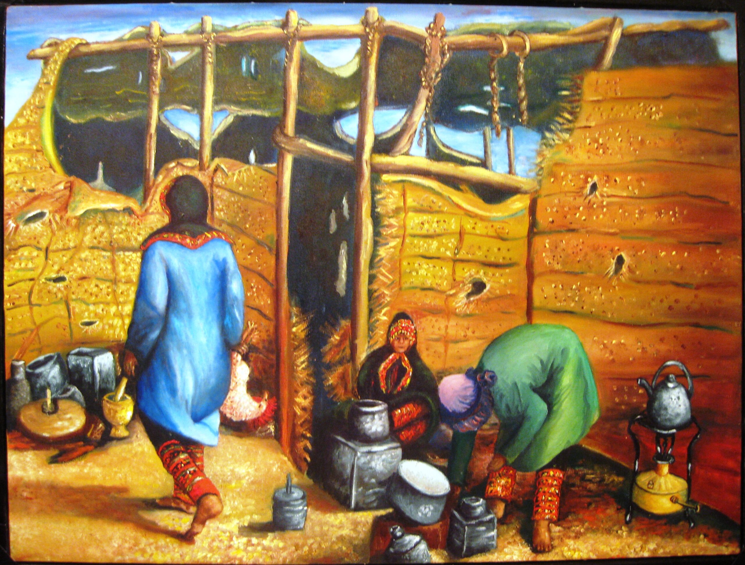 Original oil painting depicting Yemenite Jewish women preparing cooking utensils outside their transit camp tent while preserving their traditional way of life in Israel during the 1950s.